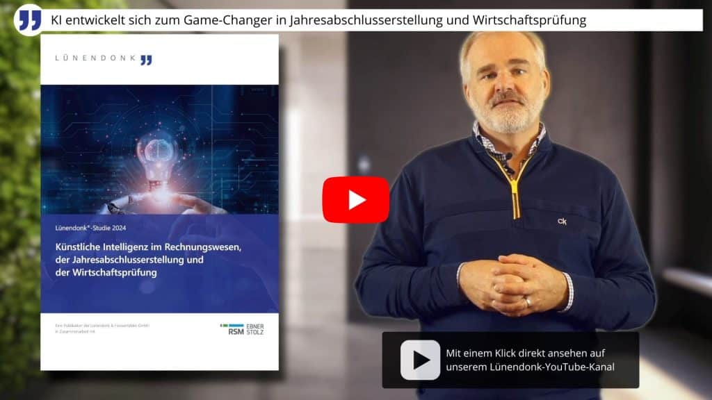 Ein Vorschaubild eines Videos zur Lünendonk®-Studie 2024 mit dem Titel 'Künstliche Intelligenz im Rechnungswesen, der Jahresabschlusserstellung und der Wirtschaftsprüfung'. Links ist das Cover der Studie mit einem futuristischen KI-Motiv zu sehen, rechts steht ein Mann mittleren Alters mit grauem Bart und blauer Kleidung, der in die Kamera spricht. In der Mitte befindet sich ein rotes YouTube-Symbol. Text oben: ‚KI entwickelt sich zum Game-Changer in Jahresabschlusserstellung und Wirtschaftsprüfung‘.